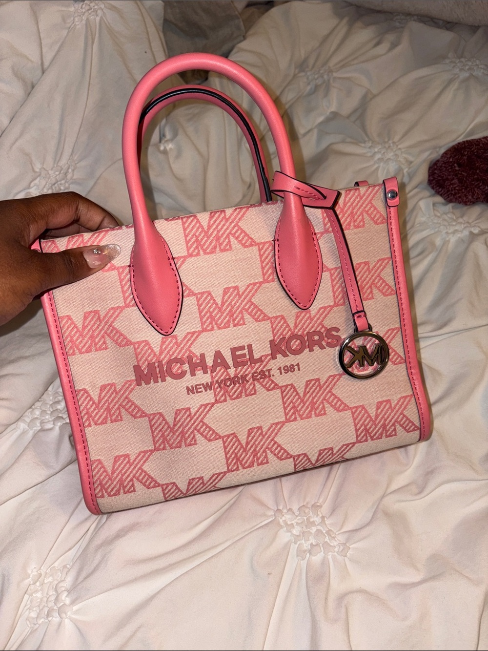 MICHAEL KORS Pink Logo Canvas Satchel with Leather Trim